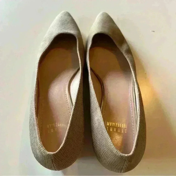 Stuart Weitzman Wedge Heel Dress Flat, Cream Textured Leather with Pearled Heel - Picture 4 of 11